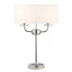 2 Light Table Lamp Nickel Plate, White Silk Effect, Crystal Glass, E14