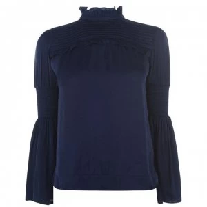 Biba Shirred Sateen Blouse - Navy