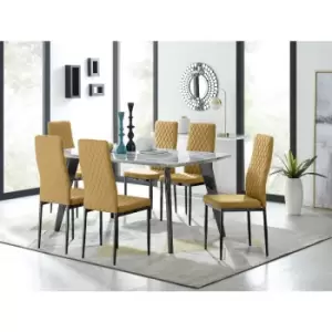 Furniturebox Andria Black Leg Marble Effect Dining Table and 6 Mustard Velvet Milan Dining Chairs With Black Legs