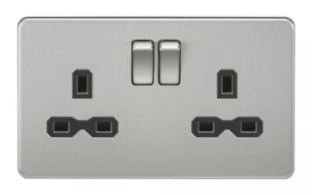 KnightsBridge 2G DP 13A Screwless Brushed Chrome 230V UK 3 Pin Switched Electric Wall Socket - Black Insert