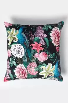 Floral Garden Parrot Filled Velvet Cushion 46 x 46 cm