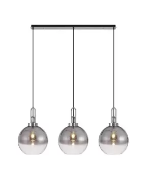 Linear 3 Light Pendant E27 With 30cm Globe Glass, Smoked, Clear Polished Nickel, Matt Black