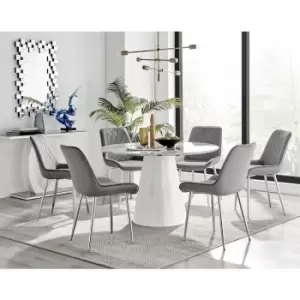 Furniturebox Palma White Marble Effect 120cm Round Minimalist Dining Table & 6 Grey Pesaro Silver Leg Velvet Chairs