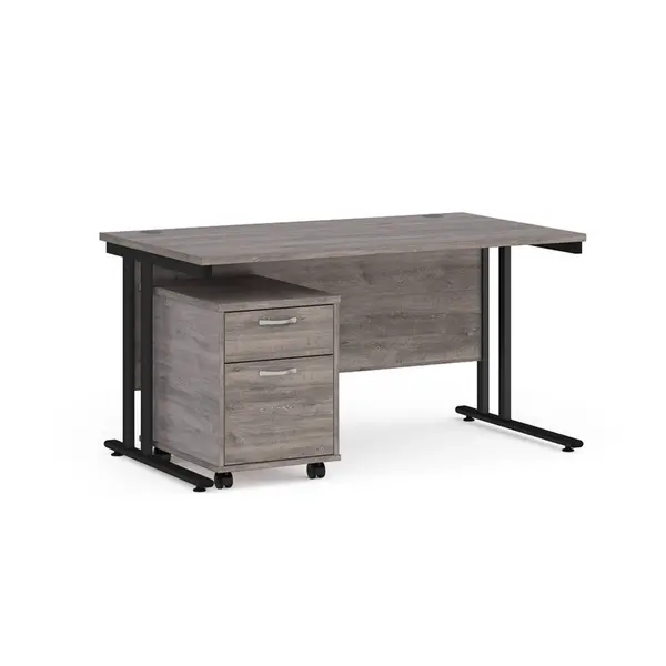 Maestro 25 Straight Desk with Black Cantilever Frame and 2 Drawer Pedestal - Grey Oak - 1400mm x 800mm