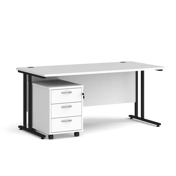 Maestro 25 Straight Desk Black Frame White Table Top and 3 Drawer Pedestal - 1600mm