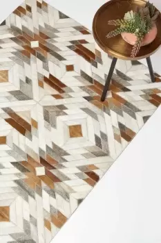 Cream & Brown Geometric Leather Rug, 90 x 150 cm