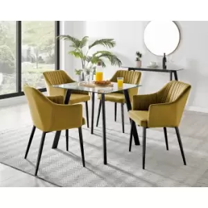 Furniturebox Seattle Glass and Black Metal Leg Square Dining Modern Industrial Dining Table & 4 Mustard Calla Black Leg Velvet Chairs