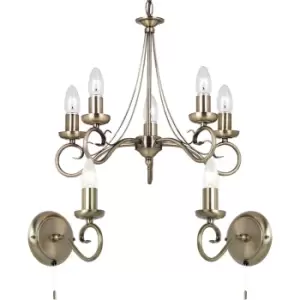 5 Bulb Ceiling Pendant & 2x Matching Wall Light Curved Antique Brass Chandelier