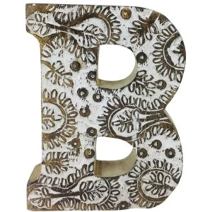 Letter B Hand Carved Wooden White Flower