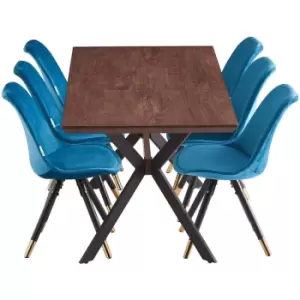 7 Pieces Life Interiors Sofia Blaze Dining Set - an Extendable Walnut Rectangular Wooden Dining Table and Set of 6 Blue Dining Chairs - Blue