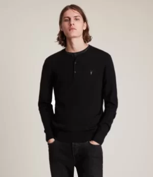 AllSaints Mens Mode Merino Henley, Black, Size: M