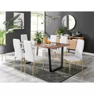 Kylo Brown Wood Effect Dining Table & 6 White Milan Gold Leg Chairs - White