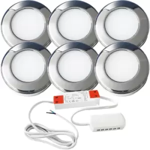 6x CHROME Round Surface or Flush Under Cabinet Kitchen Light & Driver Kit - Natural White LED