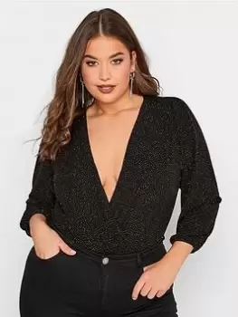 Yours Glitter Party Wrap Bodysuit - Black, Size 20, Women