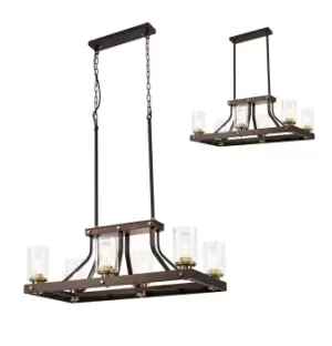 Linear Ceiling Pendant 6 Light E27, Brown Oxide, Bronze With Clear Glass Shades