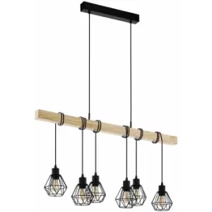 Hanging Ceiling Pendant Light Black Cage & Wood 6x E27 Kitchen Island Lamp