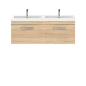 Nuie Athena 1200 Wall Hung 2-drawer Vanity & Ceramic Double Basin - Natural Oak