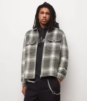 AllSaints Mens Honshu Check Shirt Jacket, Paving Grey, Size: XL