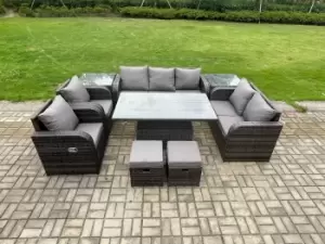 Fimous 7 Seater Outdoor Dark Grey Rattan Lounge Complete Sofa Set with Adjustable Dining Table, Side Tables and 2 Stools