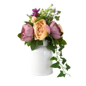 Faux Dusky Peonies and Blooms in White Ceramic Vase