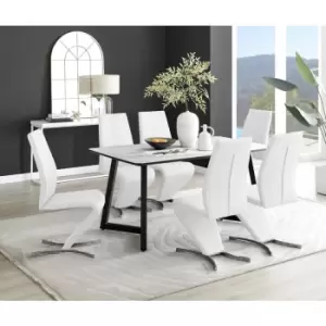 Furniturebox Carson White Marble Effect Rectangular 160cm Dining Table & 6 White Willow Faux Leather Chairs