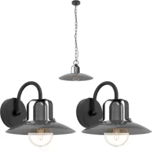 Ceiling Pendant Light & 2x Matching Wall Lights Black Nickel Modern Metal Shade