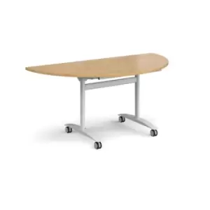 Semi circular deluxe fliptop meeting table with white frame 1600mm x 800mm - oak