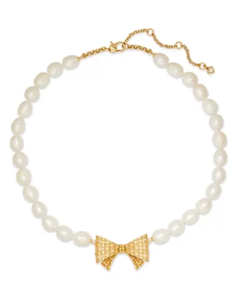 kate spade new york Wrapped In A Bow Pave Bow & Cultured Freshwater Pearl Pendant Necklace in Gold Tone, 17-20