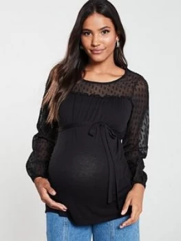 Mama-Licious Maternity Long Sleeve Lace Mix Top - Black