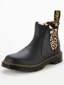 Dr Martens Girls Leonore Animal Faux Fur Lined Chelsea Boots - Black, Size 6 Younger