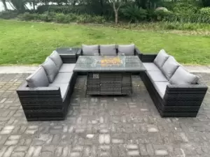 Fimous 9 Seater Outdoor Dark Grey Rattan Lounge Complete Sofa Set with Gas Fire Pit Dining Table and Gas Heater Burner