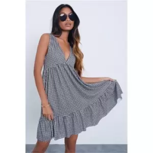 I Saw It First Black Gingham Printed V Neck Frill Hem Smock Dress - Black