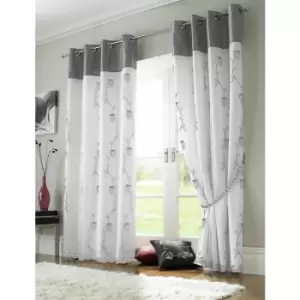 Tahiti Eyelet Curtains Embroidered Lined Voile Silver 56x54 - Silver