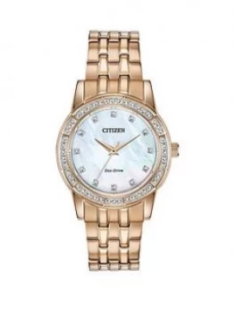 Citizen Eco-Drive Black And Rose Gold Detail Swarovski Set Dial Black Swarovski Set Stainless Steel Bracelet Ladies Cocktail Watch