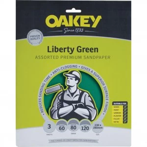 Oakey Green Aluminium Oxide Sandpaper Assorted Grit Pack of 3