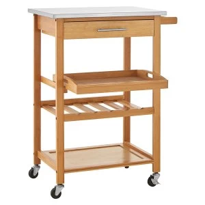 Premier Housewares Bamboo Kitchen Trolley with Stainless Steel Top - Natural