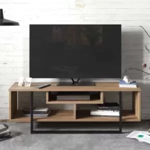 Decorotika Asal 120 Cm Wide Modern TV Unit , industrial Metal TV Stand -Open Shelf Lowboard Up To 51 TVs - Walnut Pattern And Black