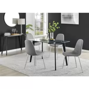 Furniturebox Malmo Rectangular Glass and Black Wooden Leg Modern Industrial Dining Table & 4 Grey Corona Faux Leather Dining Chairs with Silver Legs