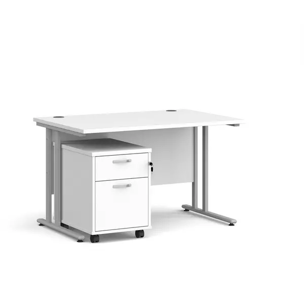 Maestro 25 Straight Desk with Silver Cantilever Frame and 2 Drawer Pedestal - White - 1200mm x 800mm