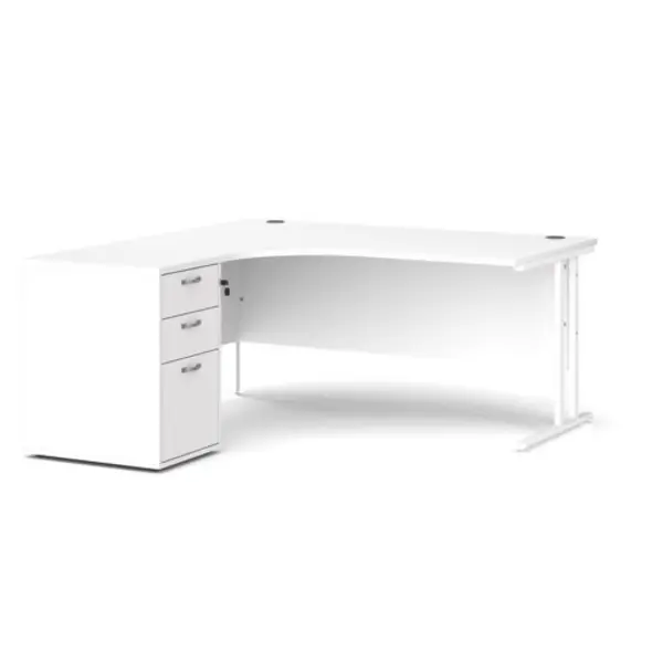 Office Desk Left Hand Corner Desk 1600mm With Pedestal White Top With White Frame Maestro 25