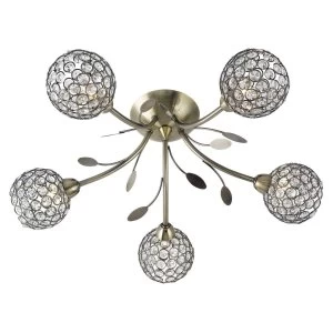 5 Light Semi Flush Multi Arm Ceiling Light Antique Brass and Glass, G9