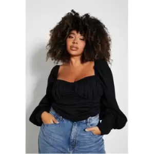 I Saw It First Plus Size Volume Sleeve Ruched Crop Top - Black