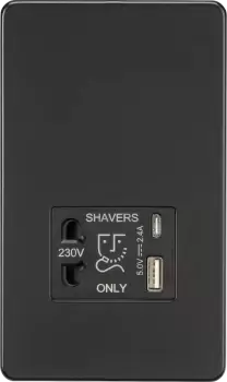 Knightsbridge Shaver socket with dual USB A+C (5V DC 2.4A shared) - matt Black - SF8909MB