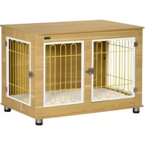 PawHut Dog Crate Furniture End Table w/ Soft Cushion, Double Door - Oak Tone - Beige