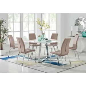 Santorini White Round Dining Table And 6 Cappuccino Isco Chairs - Cappuccino