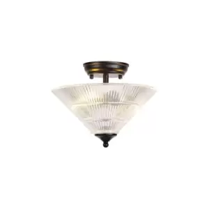 Dresden 2 Light Semi Flush Ceiling Lamp E27 With Cone 30cm Glass Shade Matt Black, Clear