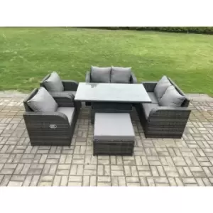 Fimous 6 Seater Outdoor Dark Grey Rattan Lounge Complete Sofa Set with Adjustable Table and Big Footstool