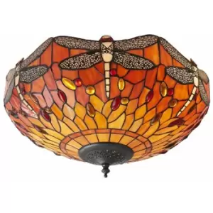 Loops - Tiffany Glass Semi Flush Ceiling Light Flame Dragonfly Inverted Shade i00045