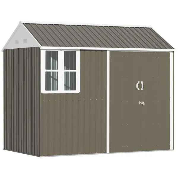 Outsunny 8x6 ft Metal Garden Shed Outdoor Storage Shed with Doors Window Sloped Roof, Grey Grey