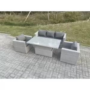 Fimous 5 Seater Light Grey Outdoor Rattan Garden Dining Complete Sofa Set with Adjustable Rising Lifting Table